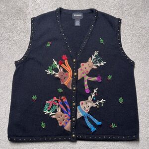 VTG Designer Originals Studio Knit Sweater Vest Women XL Reindeer Christmas 90’s